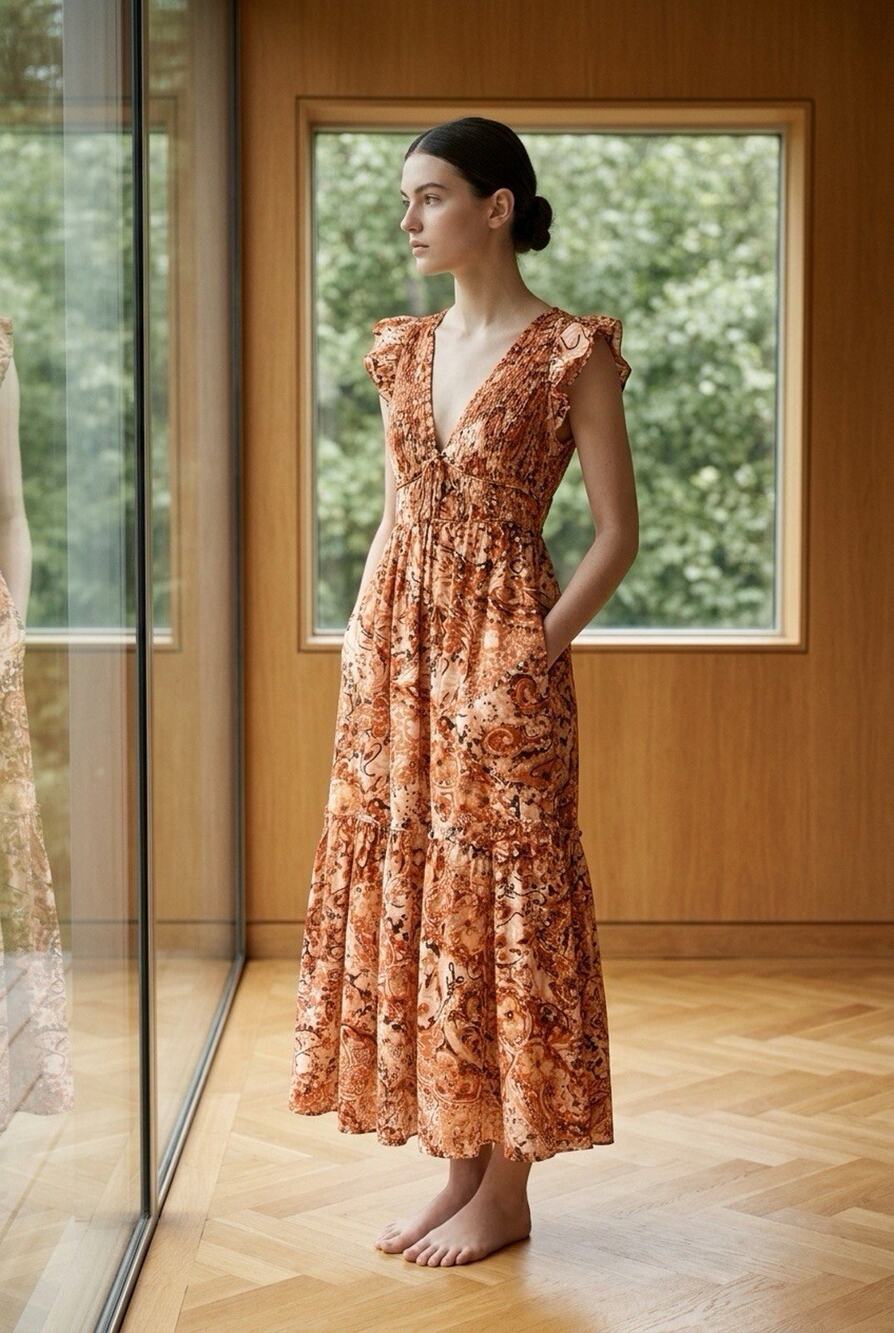 Anthropologie The Peregrine Smocked V-Neck Maxi Dress Peach Rust Size XXS $149